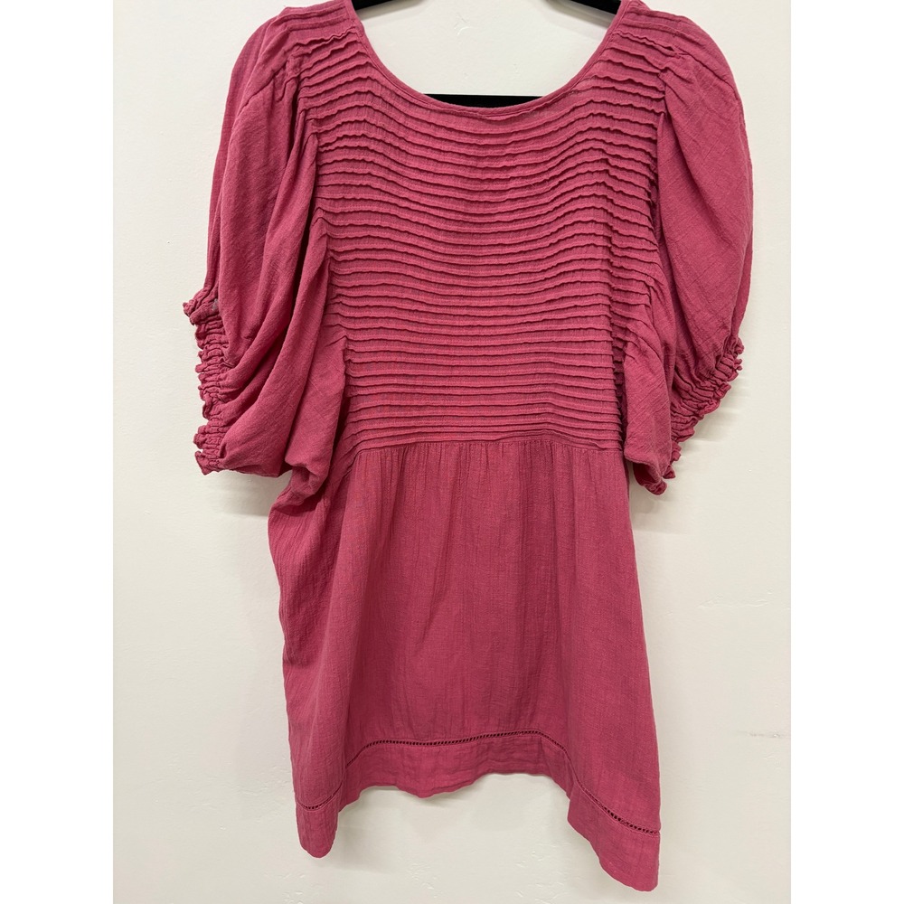 Free People Raspbery Pink Pintuck Puff Sleeve Cotton Linen Tunic Top OB1099416 M